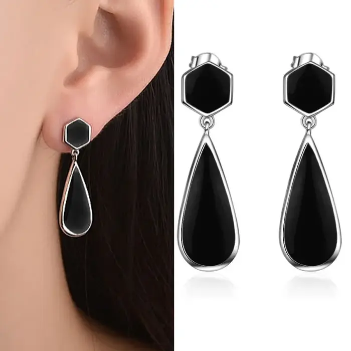 Boucles d'oreilles en forme de goutte d'eau pour femmes, bijoux noirs, en argent Sterling 925, pour 
