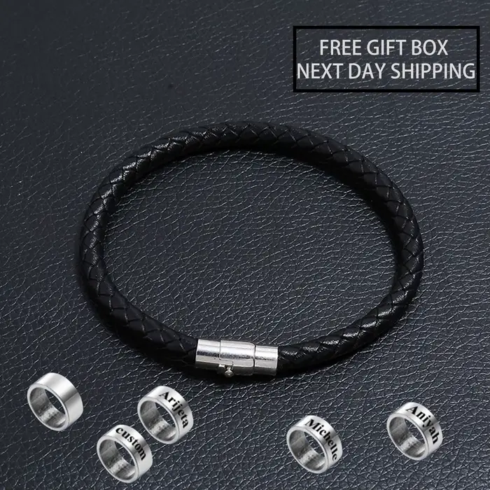 Noms personnalisés perles hommes Bracelet tressé bijoux en cuir faits à la main cadeaux de fête des pères de noël pour lui enfant papa petit ami cadeau