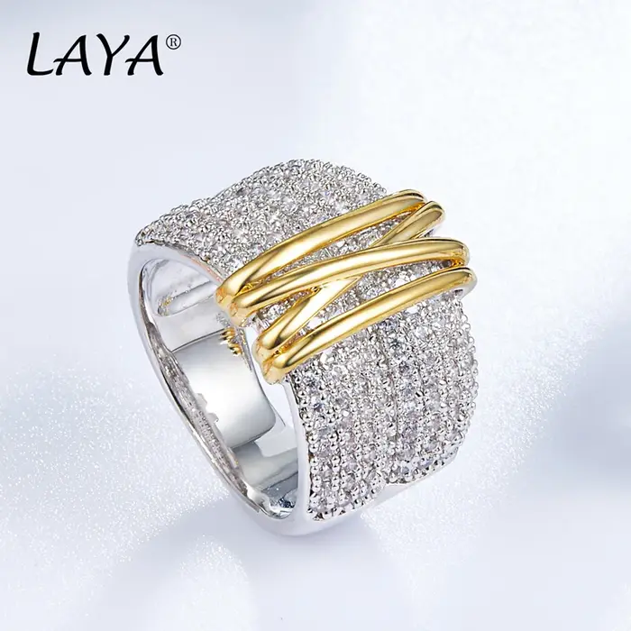 LAYA 100% 925 argent Sterling mode rétro or clair multi-ligne brillant Zircon anneau pour hommes fem