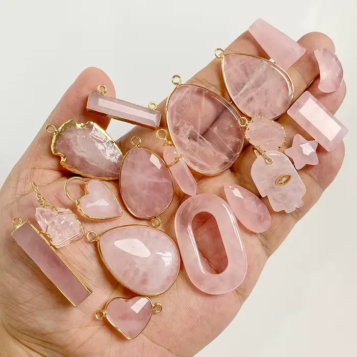 Pendentif en quartz rose pour femme, breloque en cristal, cœur, nar, étoile, pierre, collier, bracelet, boucles d'oreilles, bijoux à bricoler soi-même, 2 pièces par lot