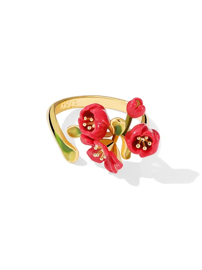 JUICY GRAPE-Bague fleur de bégonie rouge pour femme, bague réglable en émail de luxe français, plaqu