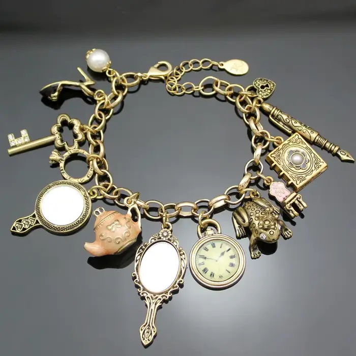 Vintage pays des merveilles miroir breloques perles lien chaîne cristal bracelet bracelets pour femm