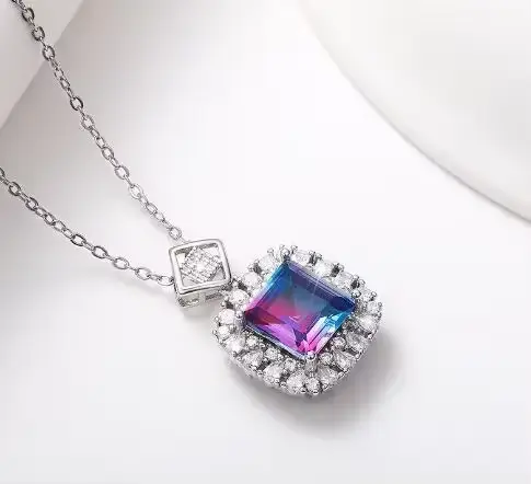 Collier Femme Vintage 925 en argent Sterling Tourmaline empilable coupe carrée collier complet en Zi