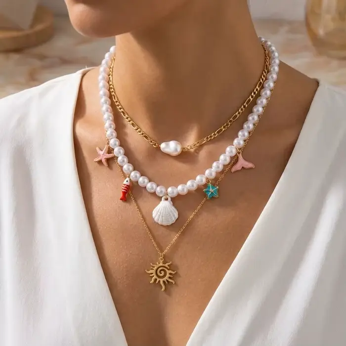Collier Bohème Coquillages et Perles pour Femme, Style Océan, Pendentif Étoile de Mer et Soleil, Bijou Ras-du-cou pour Vacances et Fêtes