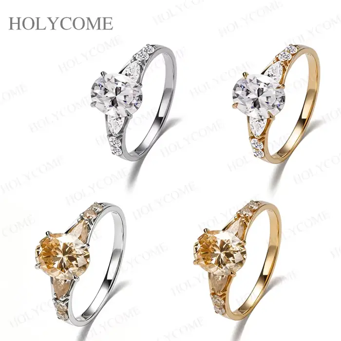 Bague en argent sterling 925 plaquée or 18 carats avec moissanite taille ovale/poire/ronde couleur D/champagne pour occasions spéciales pour femme bijou de luxe élégant à offrir