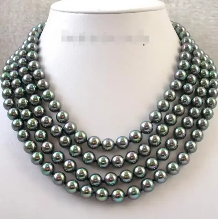 Superbe collier de perles rondes en coquillage de mer noire de Tahiti du sud, 4 rangées de 8mm, bijo