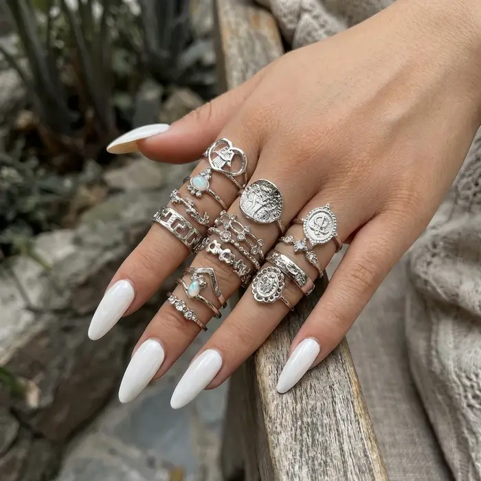 Ensemble de 15 bagues empilables vintage couleur argent pour femmes