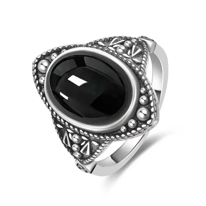Bague Vintage en argent 925, Onyx noir naturel, Type Denier circulaire, conception d'oeil de cheval,