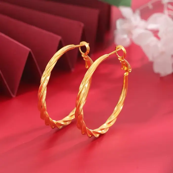 Luxe 24K 9999 or pur véritable or femmes grand anneau d'oreille torsadé cercle grandes boucles d'ore