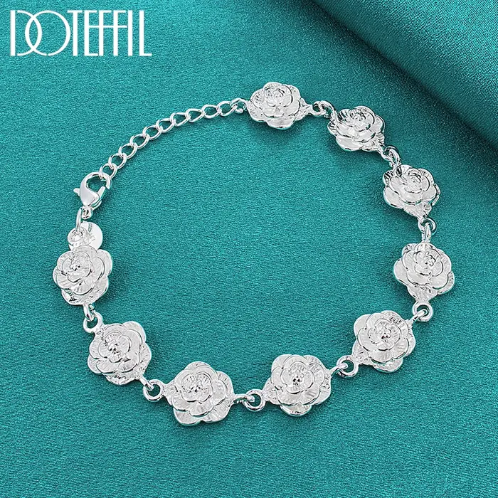 DOTEFFIL 925 en argent Sterling pleine Rose fleur chaîne Bracelet pour les femmes de mariage fiançailles fête mode charme bijoux
