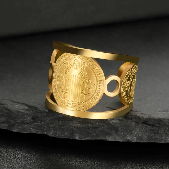 Skyrim Saint benoît de Nursia bague en acier inoxydable couleur or bague saint chrétien bijoux religieux cadeau pour hommes femmes