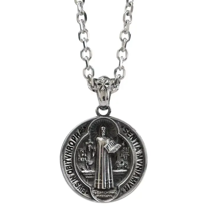 Collier Religieux Vintage en Titane et Acier, Bijou avec Croix et Texte de Prière, Saint Benoît, Pmo