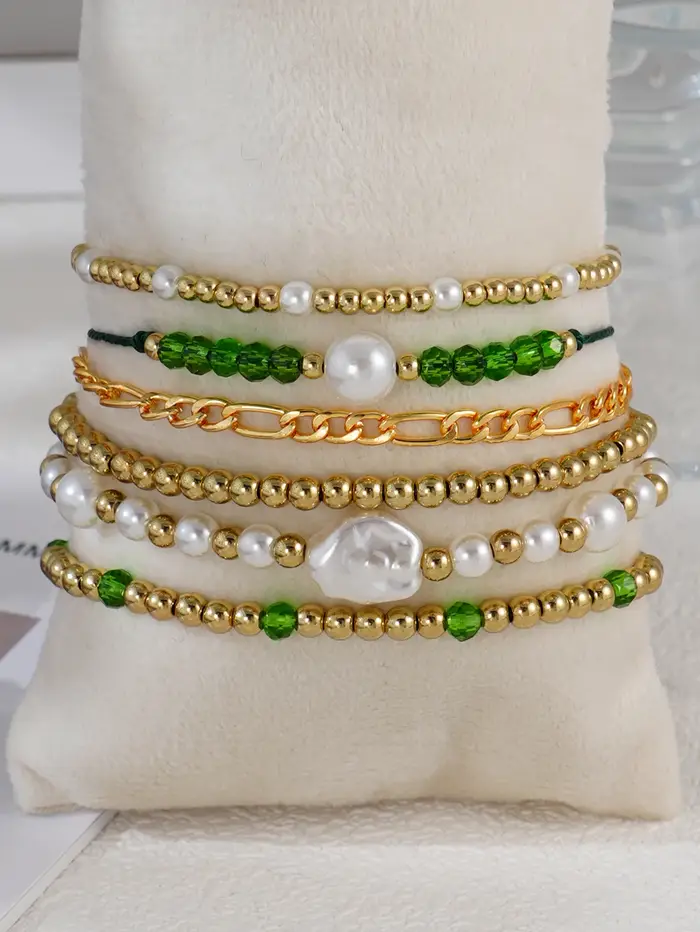 Lot de 6 bracelets bohèmes verts en perles d'imitation de cristal