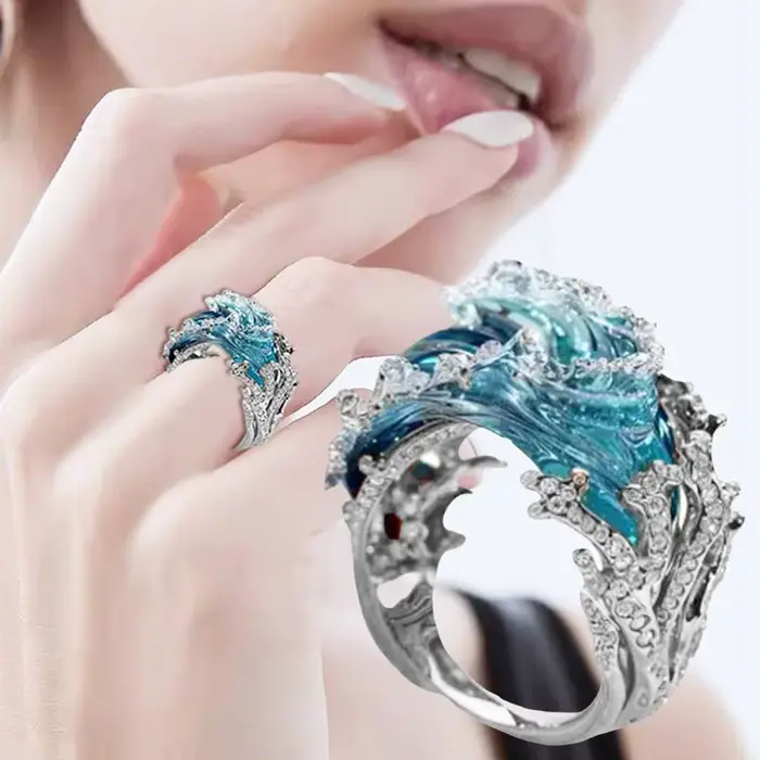 Ensemble de bijoux Ocean's Oath collier bague boucles d'oreilles cadeau femme océan bleu ciel or jaune clair océan tranquille occasions spéciales