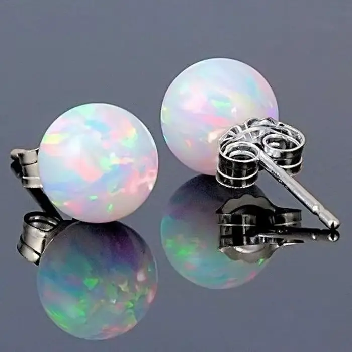 Boucles d'oreilles en opale de feu blanche pour femmes, créées en boule, aiguille en argent 2021, ve