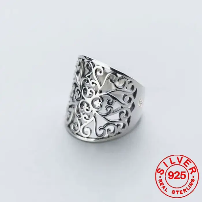 Bague Ouverte Vintage à Grande Surface Large, avec Fleurs Creuses, en Argent, Sculptée, Vente d'Usin