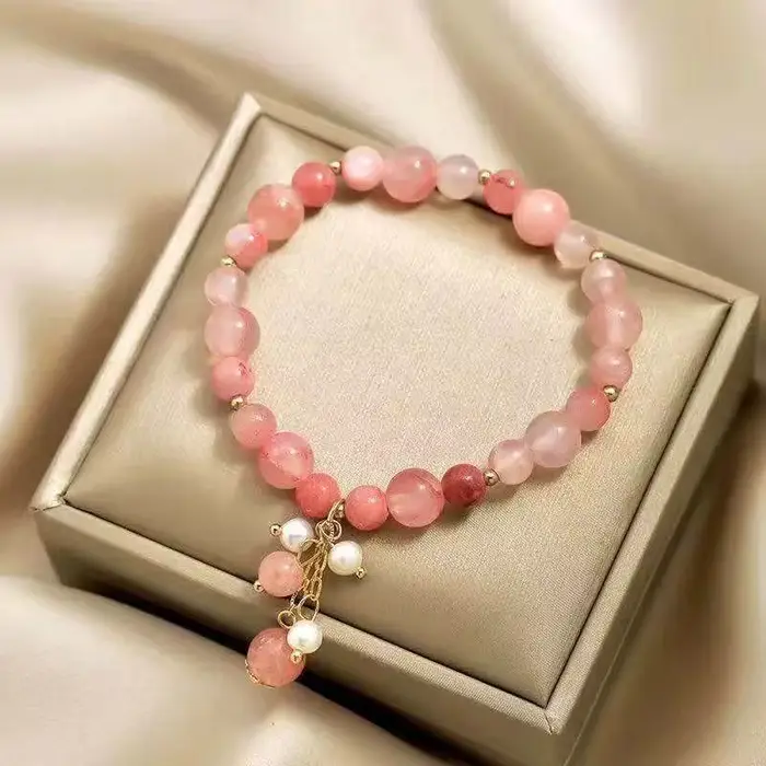 Bracelet en Pierre Naturelle et Clip Rose pour Femme