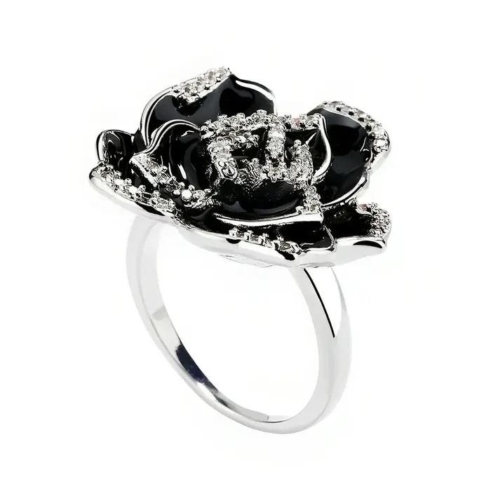 Bagues en forme de fleur rose pour femme, bijoux en émail exquis, goutte à goutte, huile, noir, arge