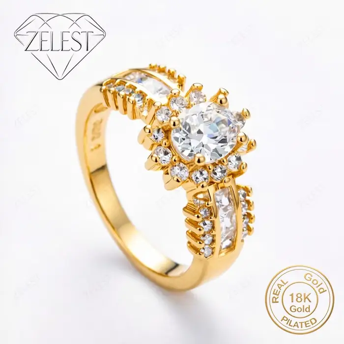 Bague en argent sterling 925 plaqué or 18 carats avec zircone en forme de tournesol, pour femmes, ac