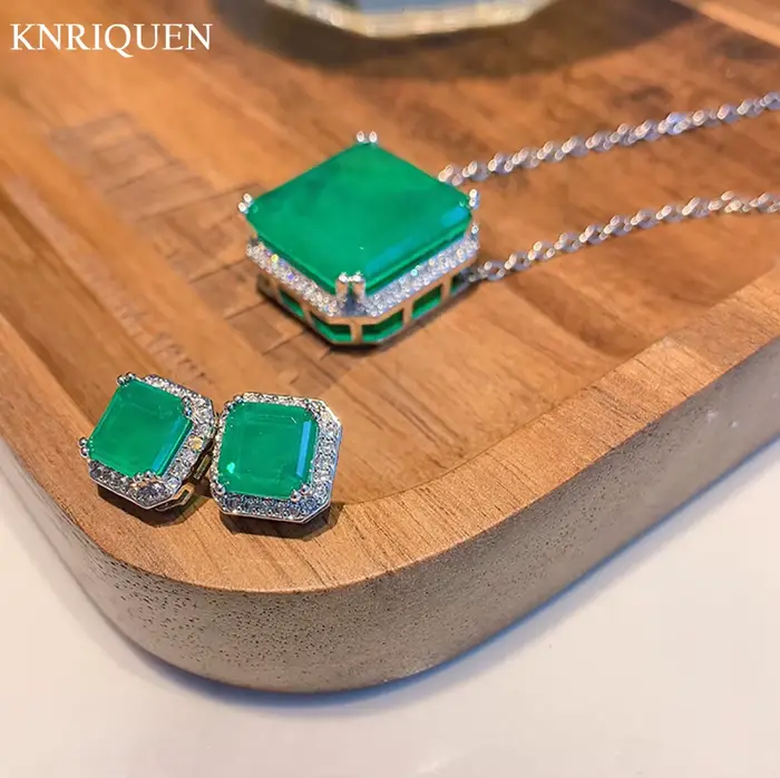 Collier pendentif en pierre précieuse émeraude carrée pour femme, boucles d'oreilles à tige vintage,