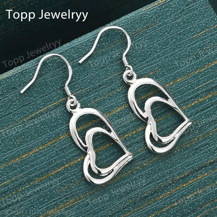 Boucles d'oreilles en argent sterling 925, charmantes, exquises, à double couche, en forme de cœur a