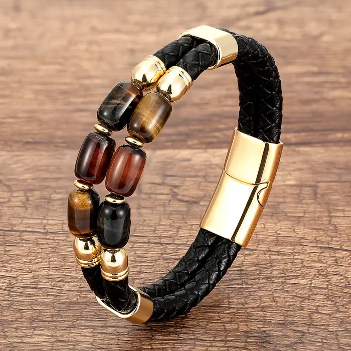 Bracelets œil de tigre naturel de haute qualité pour hommes, corde en cuir tressé multicouche pour f