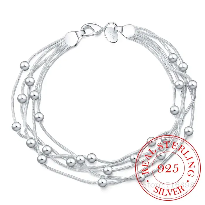 925 Bracelet en argent délicat, bijoux en argent Sterling 925 cinq lignes perles boule Bracelets Bra