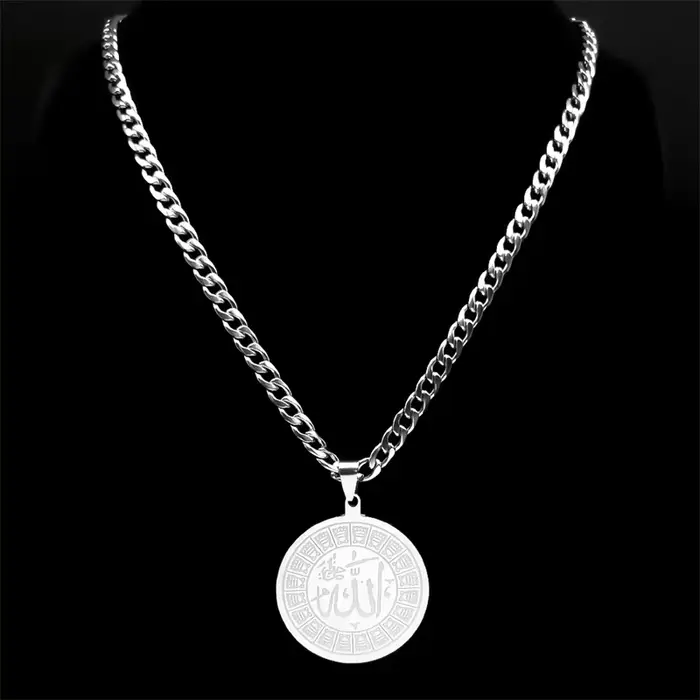 Collier Hip Hop en Acier Inoxydable pour Homme et Femme, Bijou Musulman Islamique, avec Dieu Arabe, Document Argenté, Rond, pour la raq, N2933S03