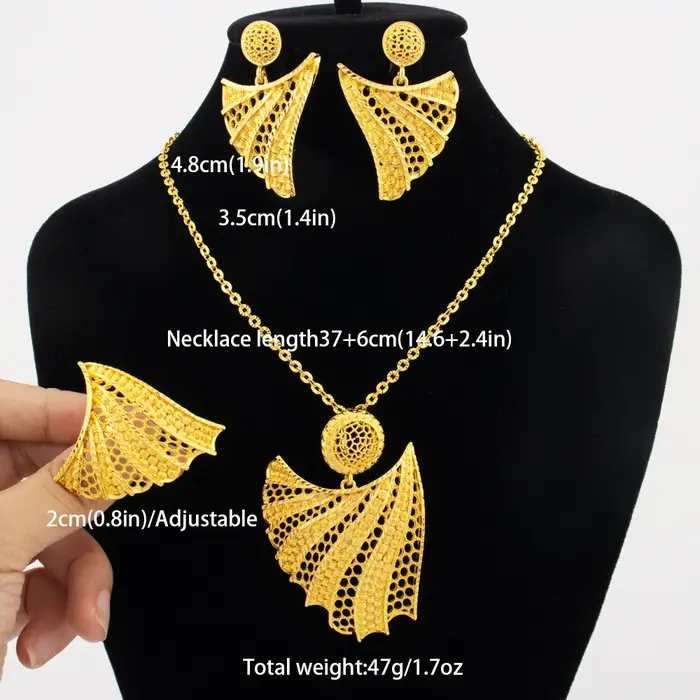 Ensemble de bijoux de luxe couleur or 24 carats pour femme : collier, boucles d'oreilles et bagues –