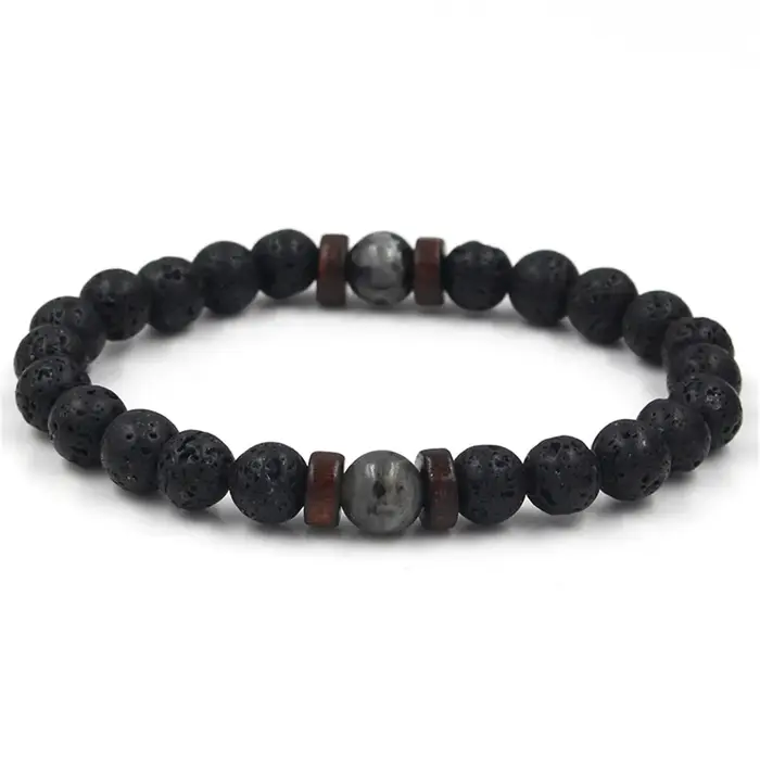 Bracelet en pierre volcanique pour hommes, perles en bois de lave, chaîne de poignet de bouddha tibé