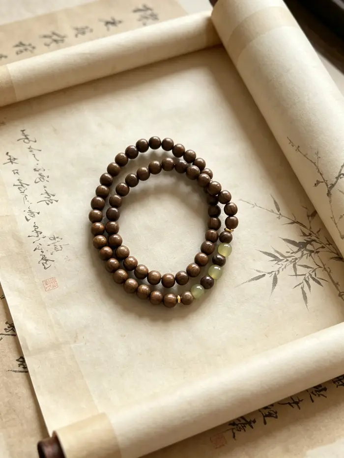 Bracelet double boucle en bois de santal naturel avec accent en jade