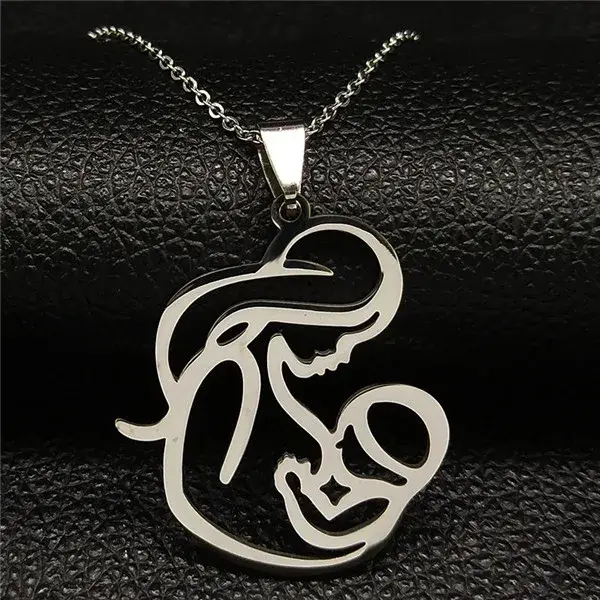 Famille amour maman bébé lait maternel pendentif collier femmes en acier inoxydable couleur argent c
