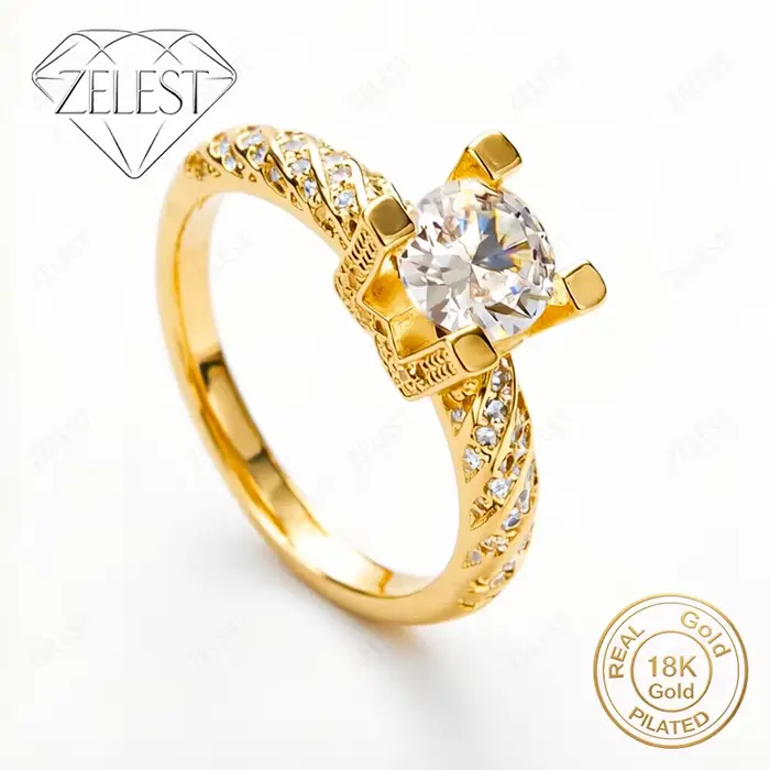 Bague en argent sterling 925 plaqué or 18 carats avec zircone ronde exquise, bague pour femme, bijou