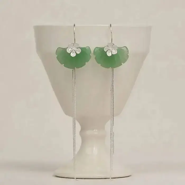 GEEZENCA Aventurine feuille de Ginkgo 925 argent fleur longue gland balancent boucles d'oreilles fem