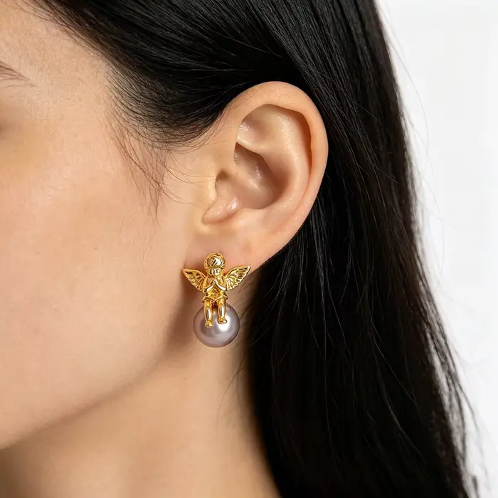 VOBIPY – boucles d'oreilles Cupidon en perles pour femmes, en argent 925 plaqué or 18 carats, rétro, mignonnes, pour fête de mariage, bijoux à la mode, cadeaux
