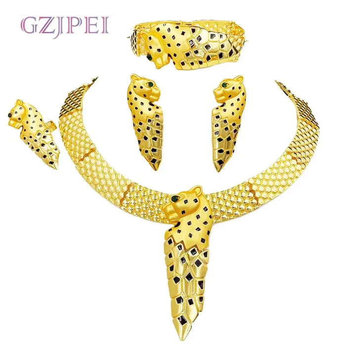 Ensemble de bijoux plaqué rhodium design léopard africain chic collier bracelet boucle d'oreille annelé pour femmes occasions spéciales