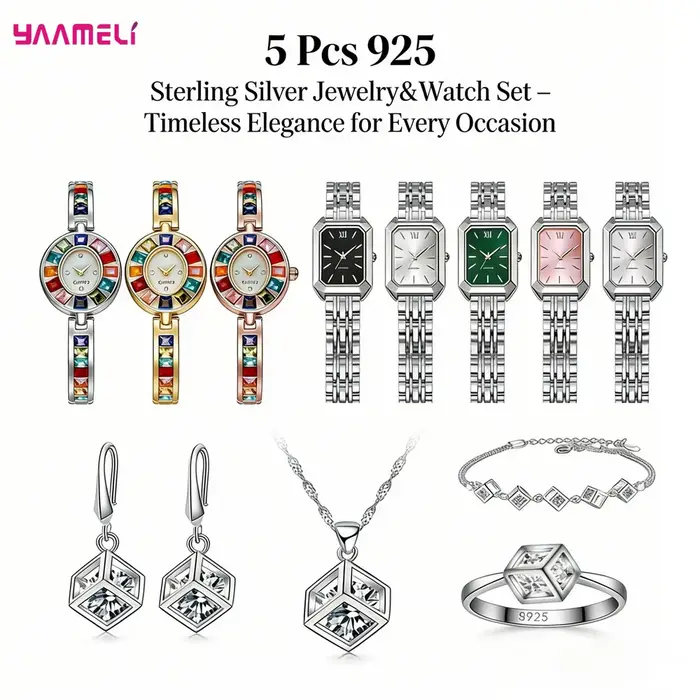 Ensemble de bijoux de luxe en argent sterling 925 avec collier, boucles d'oreilles et montre en cristal de zircon géométrique pour femmes et hommes, idéal pour les fiançailles, les fêtes et comme cade
