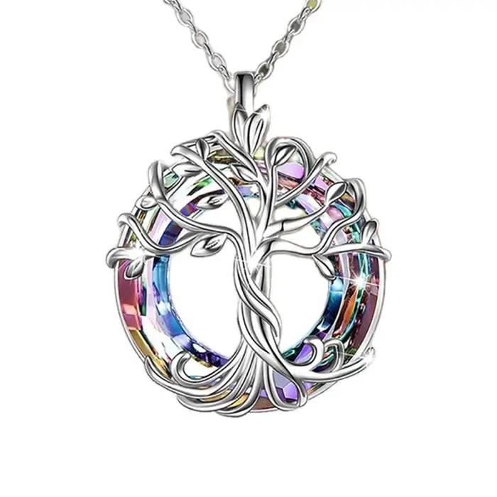 Collier Arbre de Vie avec cristal circulaire, pendentif Arbre Généalogique exquis, bijou cadeau pour
