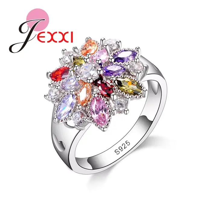 Bagues en argent regardé 925 en forme de fleur tournant pour filles, bijoux Bling, accessoires de do