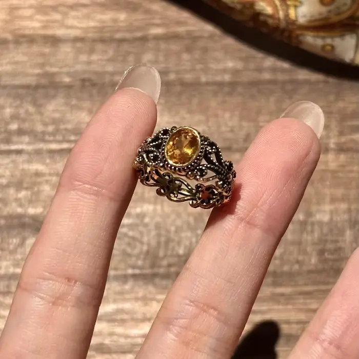 Bague d'art Vintage ajourée noir-doré, Style Punk, argent 925, cristal jaune, ovale, réglable, bijoux cadeau