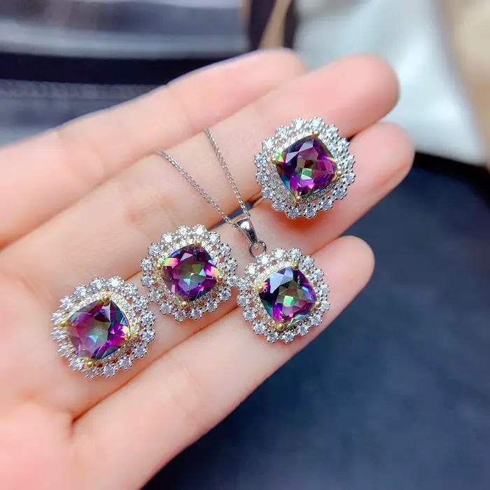 Ensemble de bijoux à breloques en cristal bleu pour femme, boucle d'oreille en pierre, collier, pendentif, bague, 7 couleurs, violet, argent, document