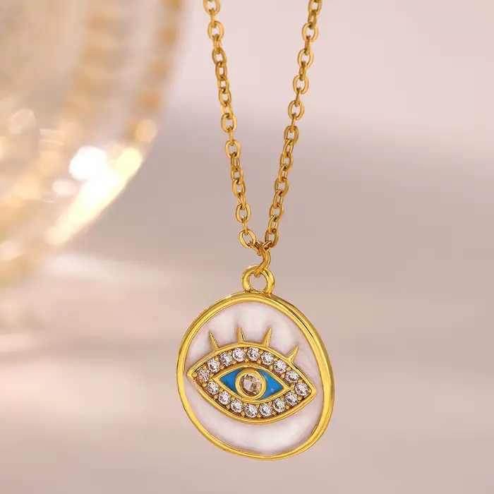 Collier turc œil bleu en zircon pour femme, chaîne en acier inoxydable avec motif cils, bijoux grecs