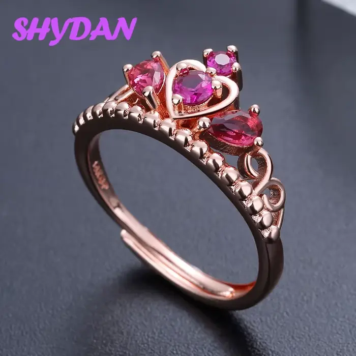 Bague ajustable en argent sterling 925 SHYDAN avec couronne en rubis pour femmes et filles, bijoux t