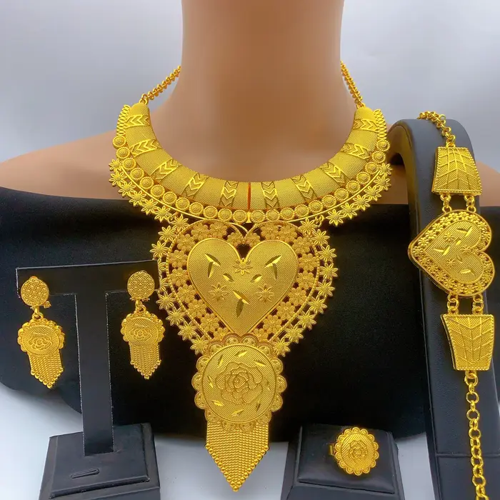 Ensemble collier et boucles d'oreilles couleur or 24 carats du Nigeria pour femme, grand pendentif a