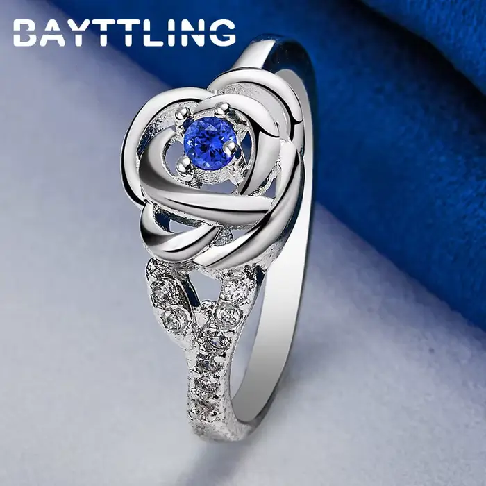 Bague en argent Sterling 925 pour femmes, fleur de Rose, beau charme, Zircon bleu, cadeaux de fiança