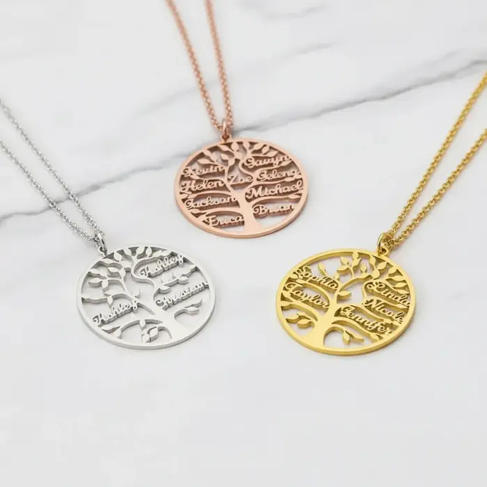 Collier personnalisé Arbre de Vie avec prénoms acier inoxydable plaqué or 18k cadeau pour mère enfants membres de la famille occasions spéciales