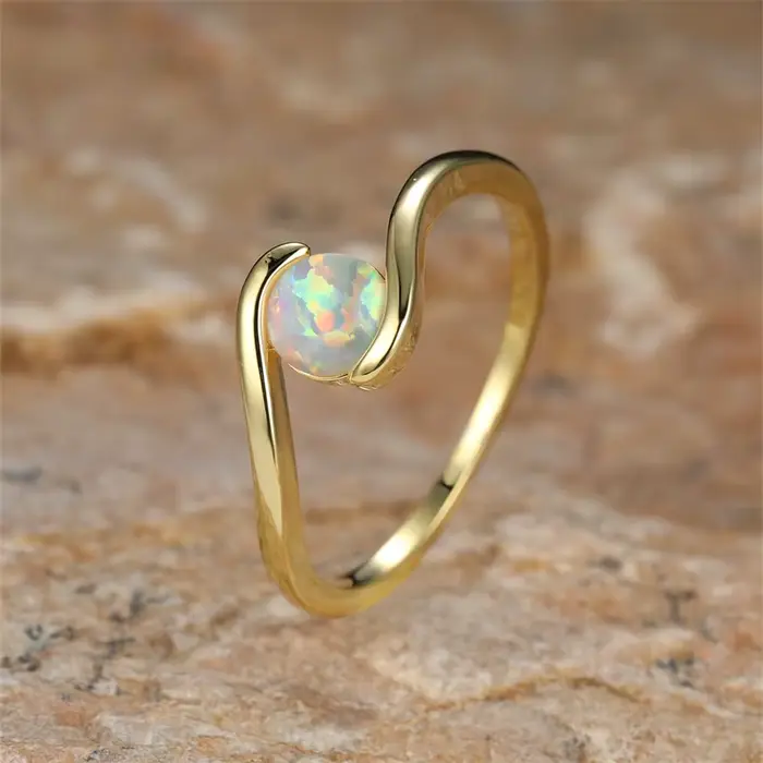 Bague ronde en opale de feu blanche arc-en-ciel, bandes de mariage minimalistes, anneaux fins empila