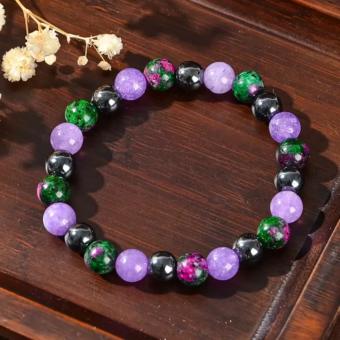 Bracelet depression-és en pierre naturelle, 1 pièce, comprenant une pierre vert fleur et un mica vio