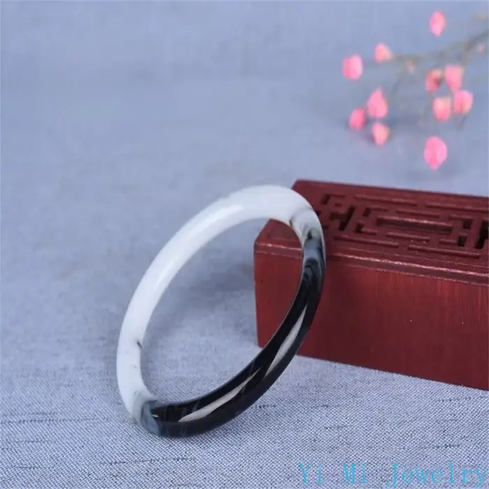 Bracelet en Jade Hetian naturel, fleurs noires et blanches, breloque, mode rétro, bijoux fins, éléga