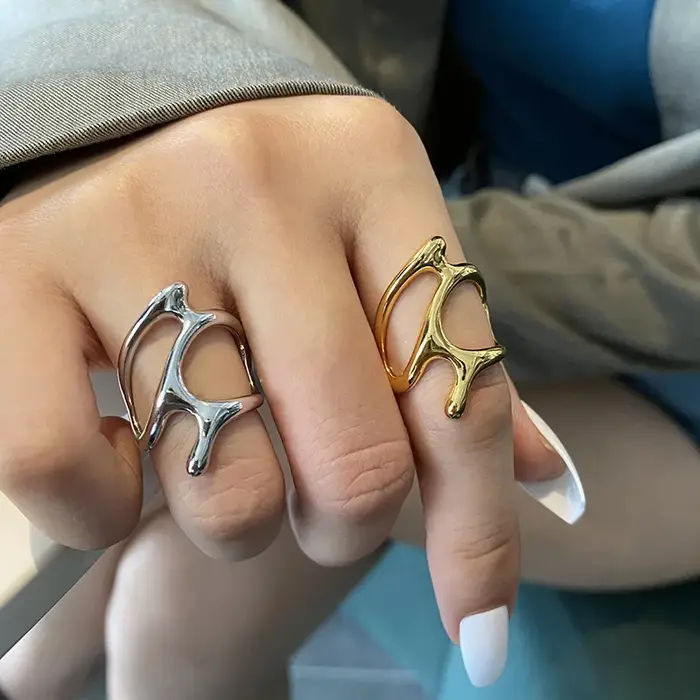 Bague ouverte plissée irrégulière Vintage couleur or pour femmes et hommes